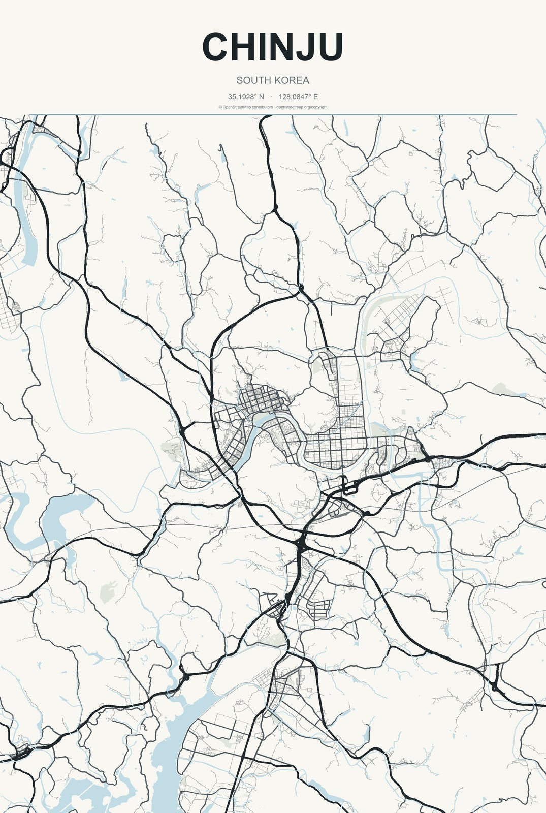 Chinju, South Korea City Map Aluminum Sign in Headline Atlas style