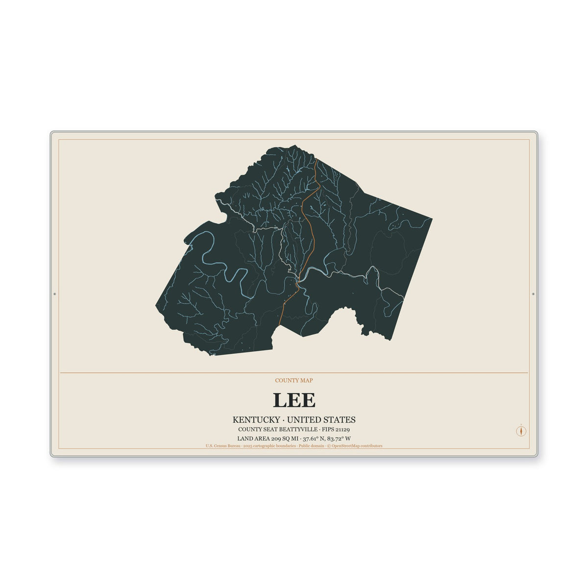 Lee County, Kentucky Map Aluminum Sign in Headline Atlas style
