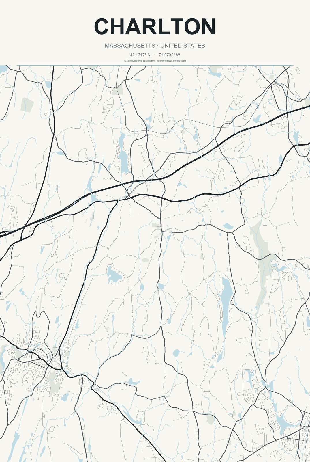 Charlton, Massachusetts City Map Aluminum Sign in Headline Atlas style