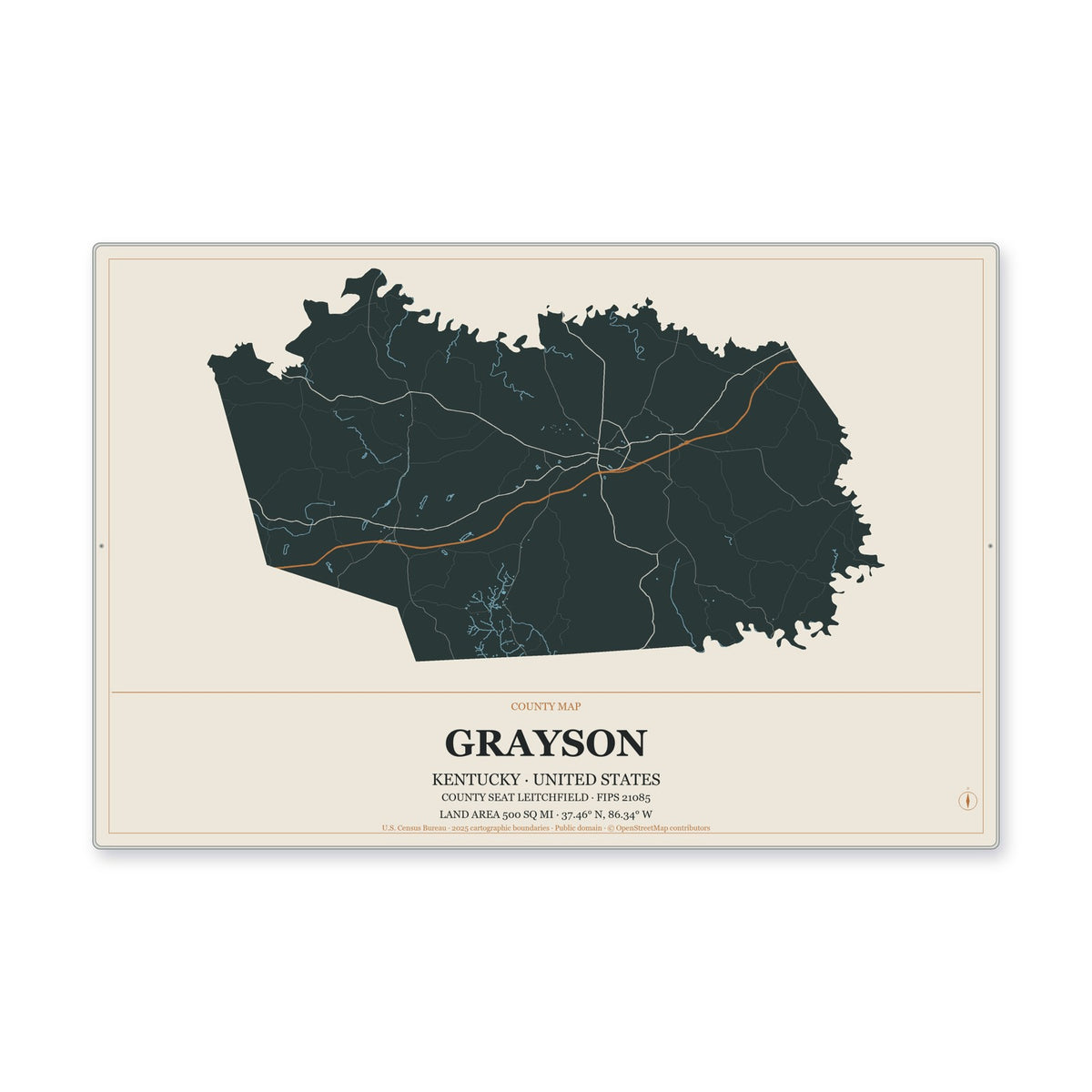 Grayson County, Kentucky Map Aluminum Sign in Headline Atlas style
