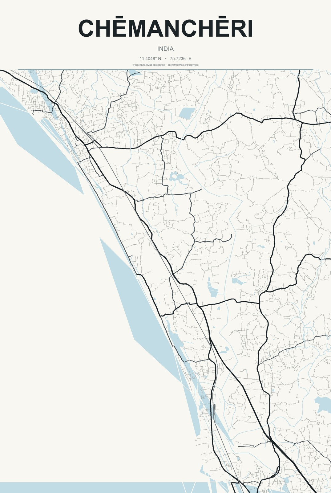 Chēmanchēri, India City Map Aluminum Sign in Headline Atlas style