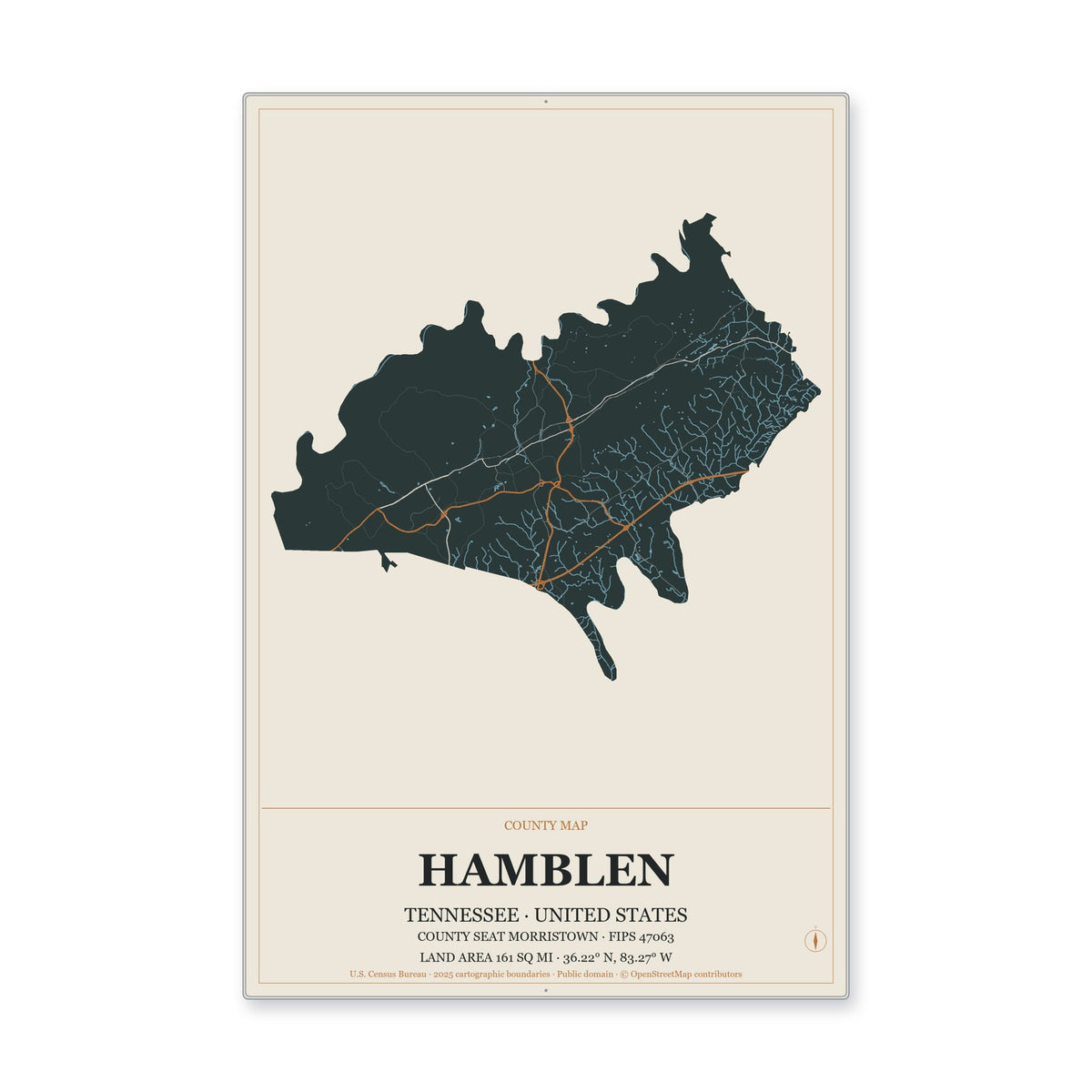 Hamblen County, Tennessee Map Aluminum Sign in Headline Atlas style