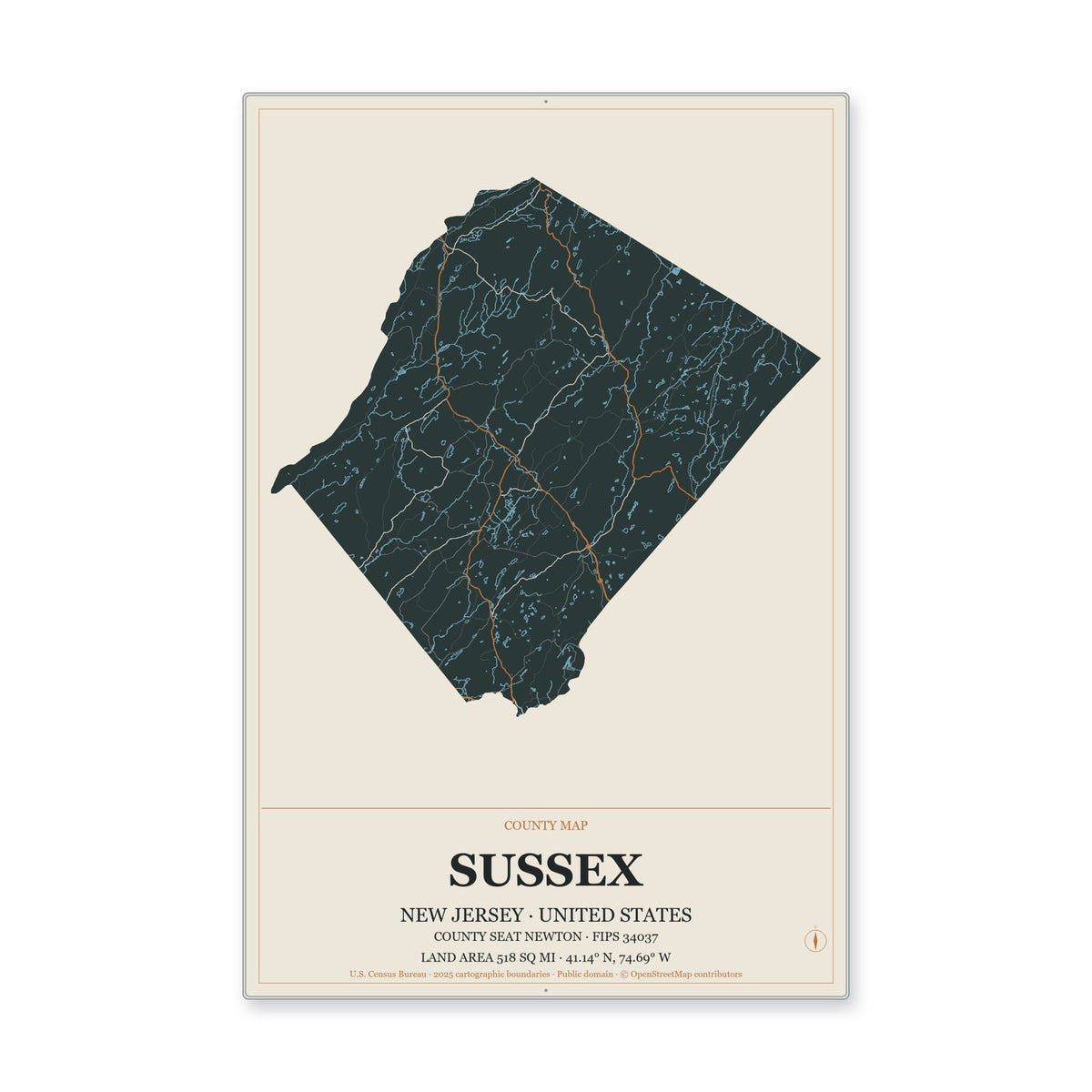 Sussex County, New Jersey Map Aluminum Sign in Headline Atlas style