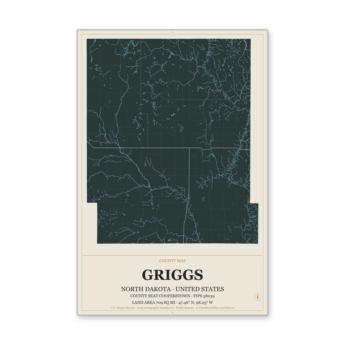 Griggs County, North Dakota Map Aluminum Sign in Headline Atlas style