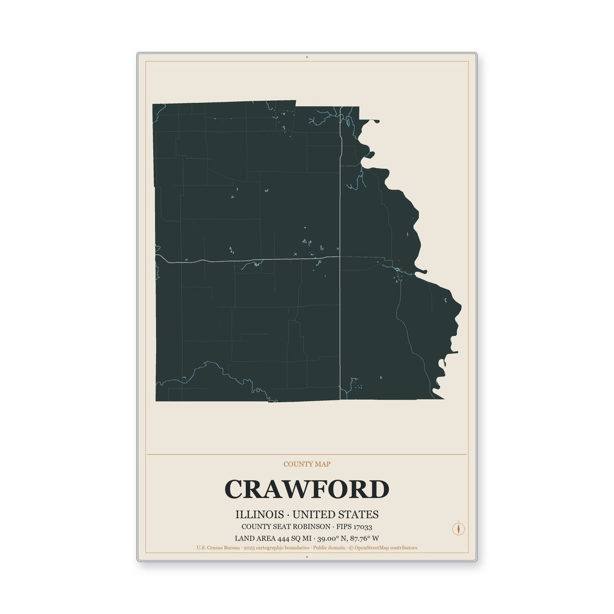 Crawford County, Illinois Map Aluminum Sign in Headline Atlas style