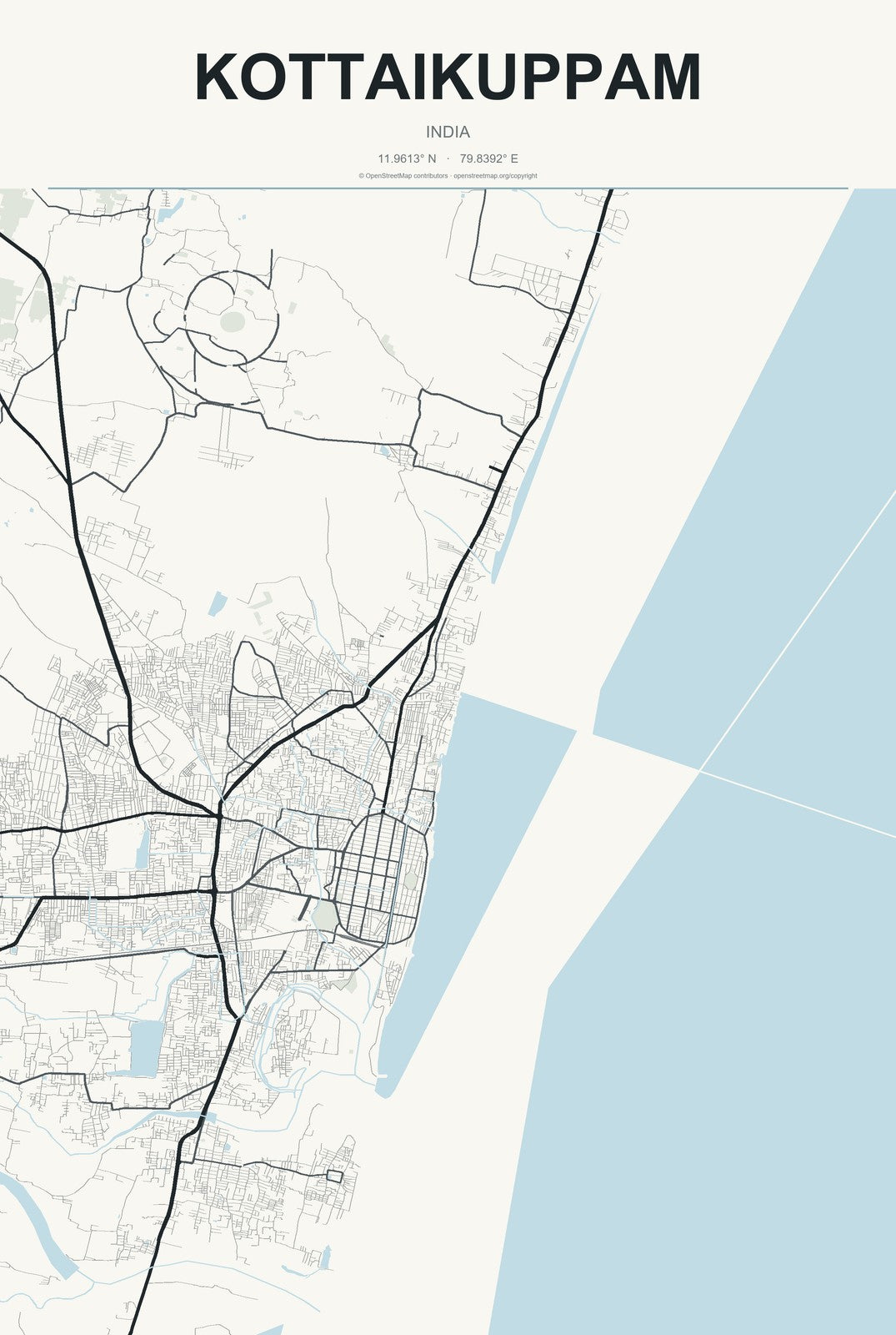 Kottaikuppam, India City Map Aluminum Sign in Headline Atlas style
