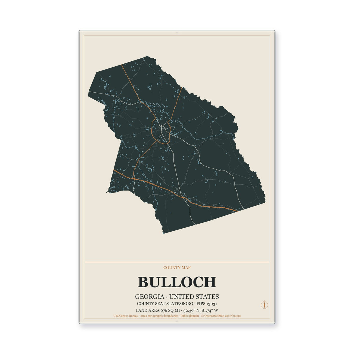 Bulloch County, Georgia Map Aluminum Sign in Headline Atlas style