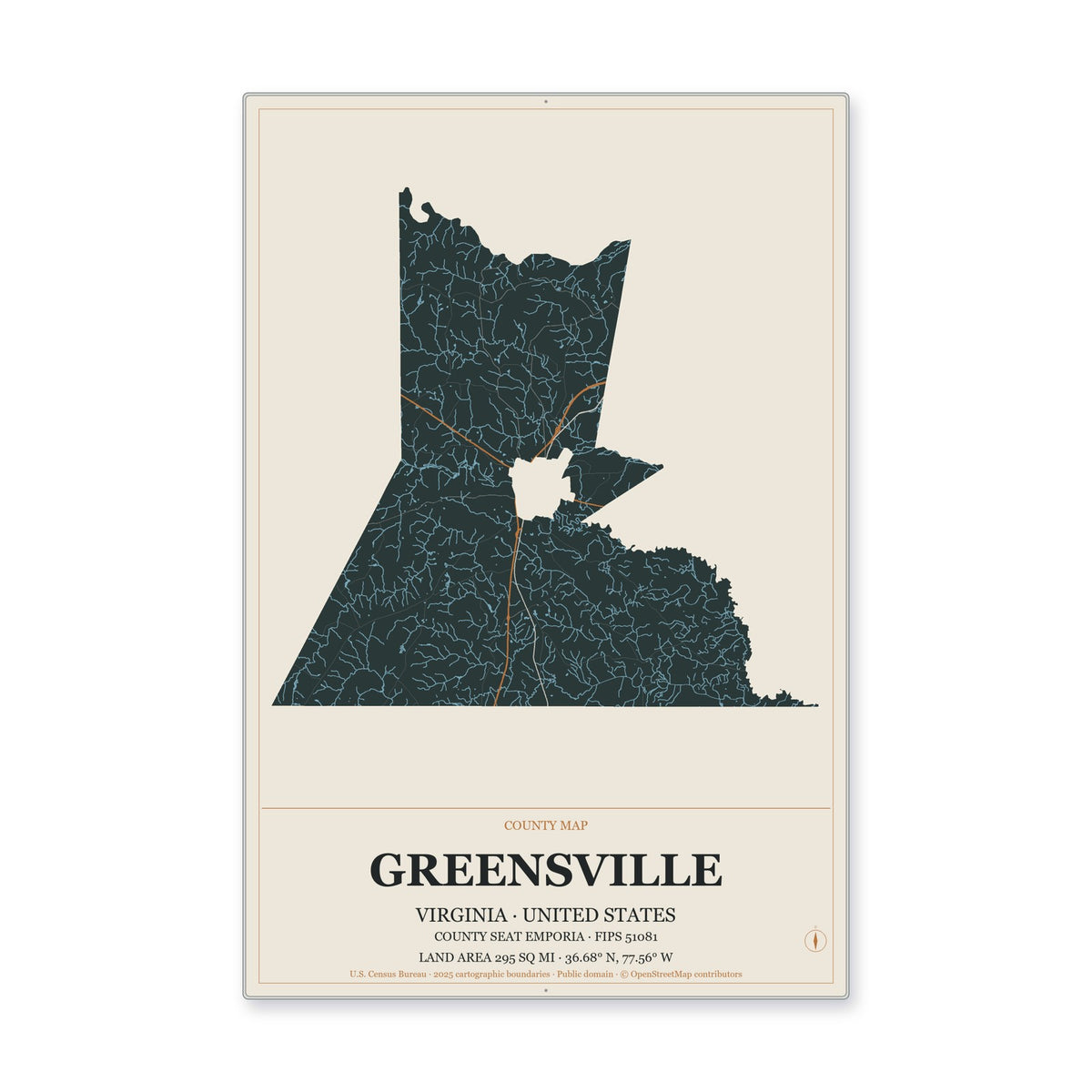 Greensville County, Virginia Map Aluminum Sign in Headline Atlas style