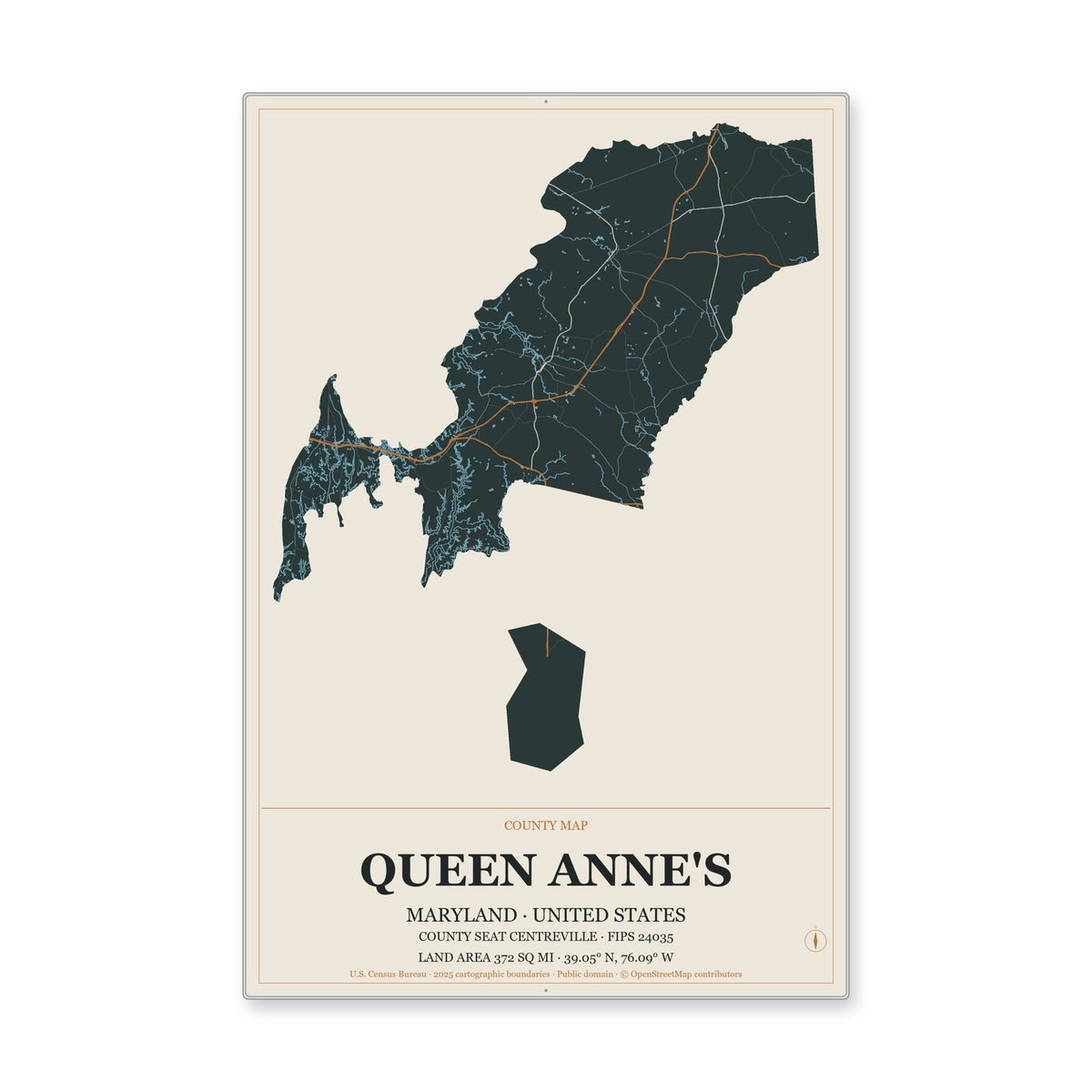 Queen Anne's County, Maryland Map Aluminum Sign in Headline Atlas style