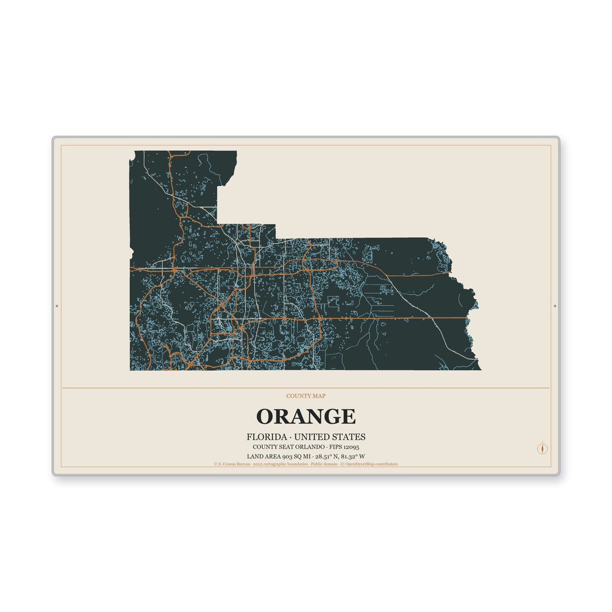 Orange County, Florida Map Aluminum Sign in Headline Atlas style