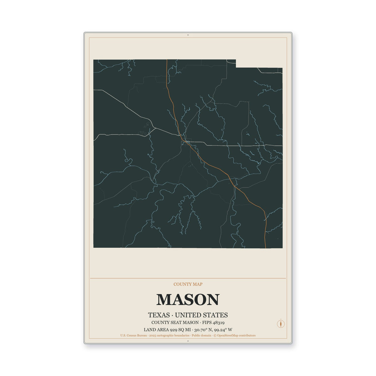 Mason County, Texas Map Aluminum Sign in Headline Atlas style