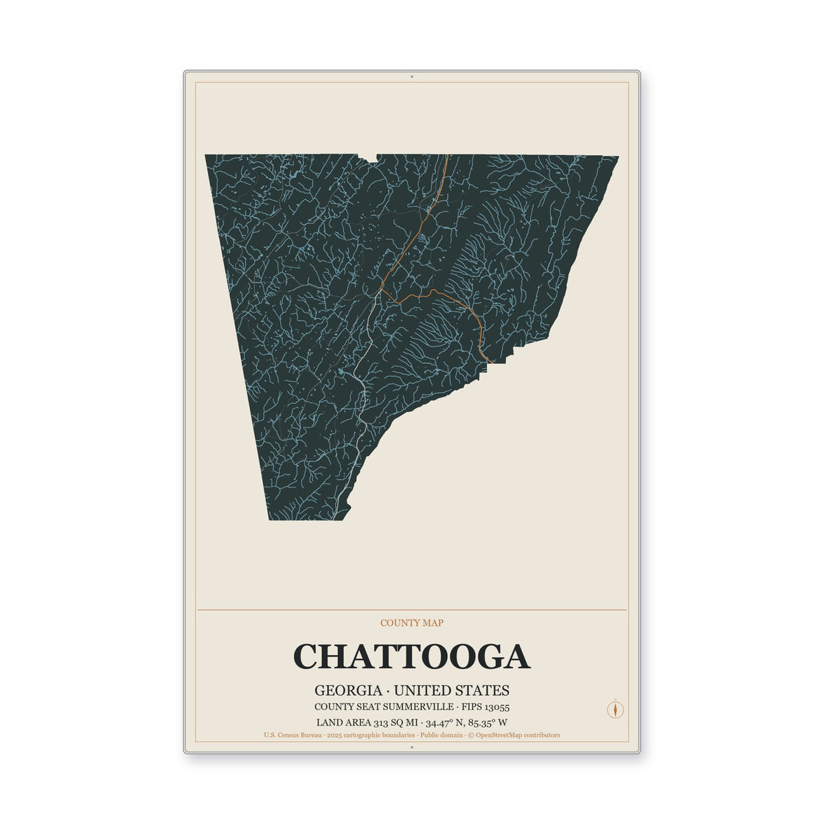 Chattooga County, Georgia Map Aluminum Sign in Headline Atlas style