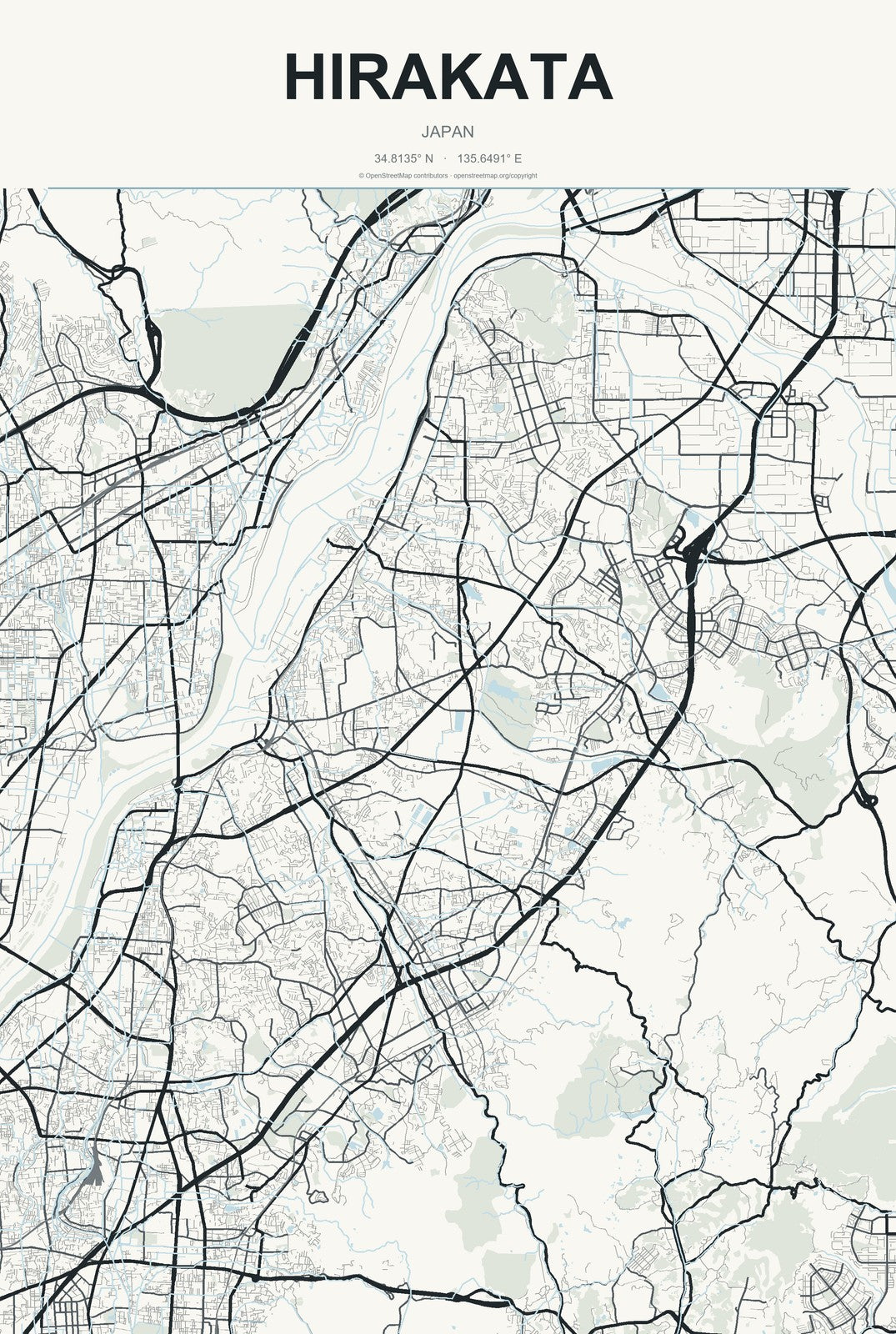 Hirakata, Japan City Map Aluminum Sign in Headline Atlas style