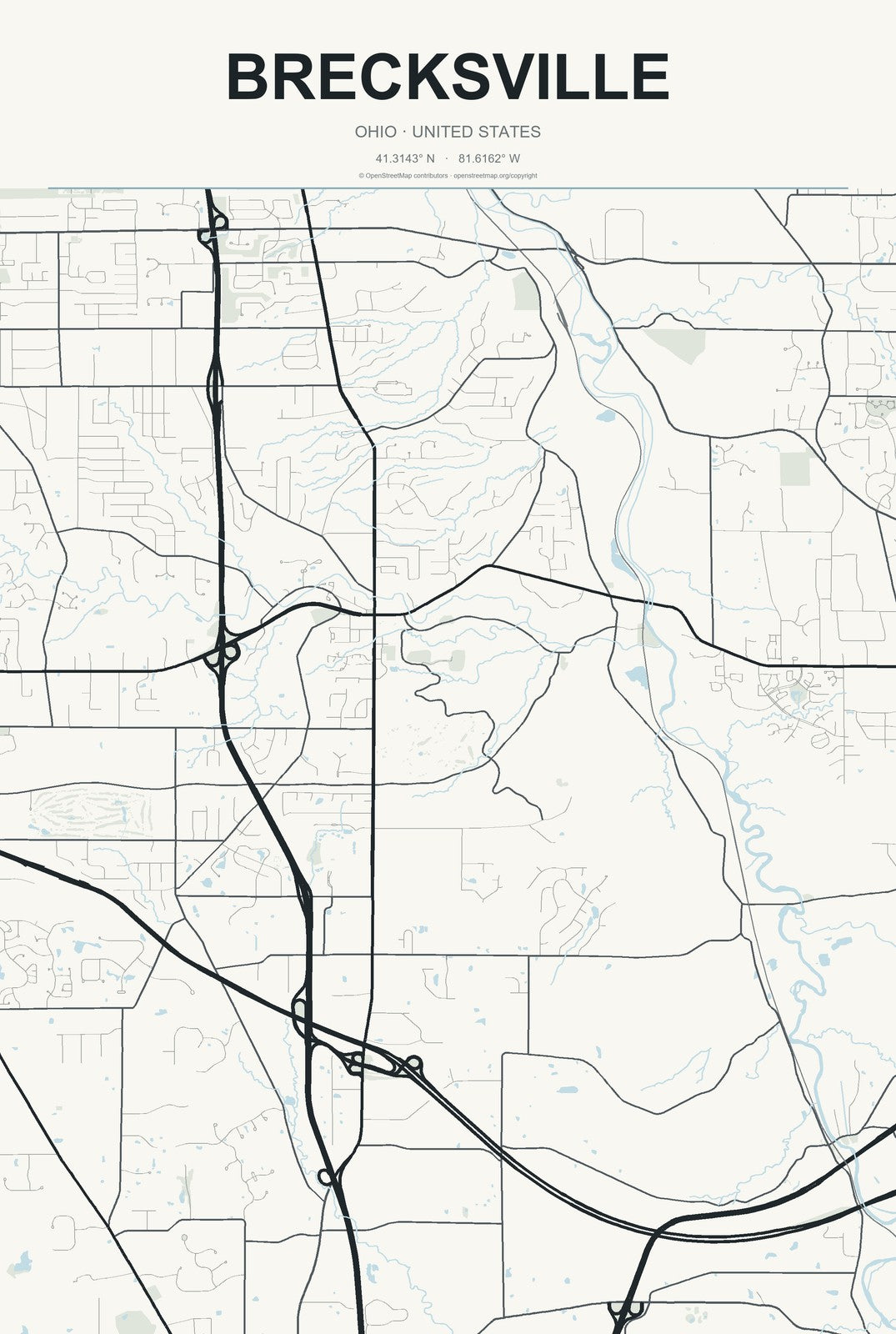 Brecksville, Ohio City Map Aluminum Sign in Headline Atlas style