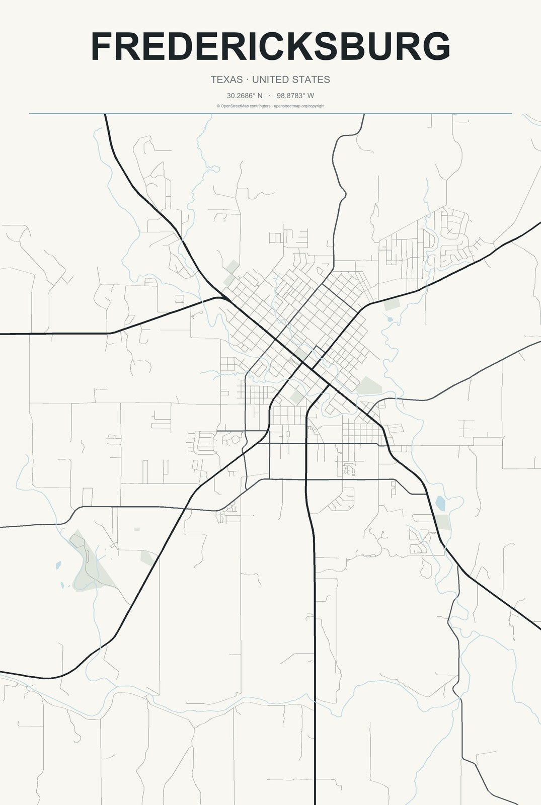 Fredericksburg, Texas City Map Aluminum Sign in Headline Atlas style