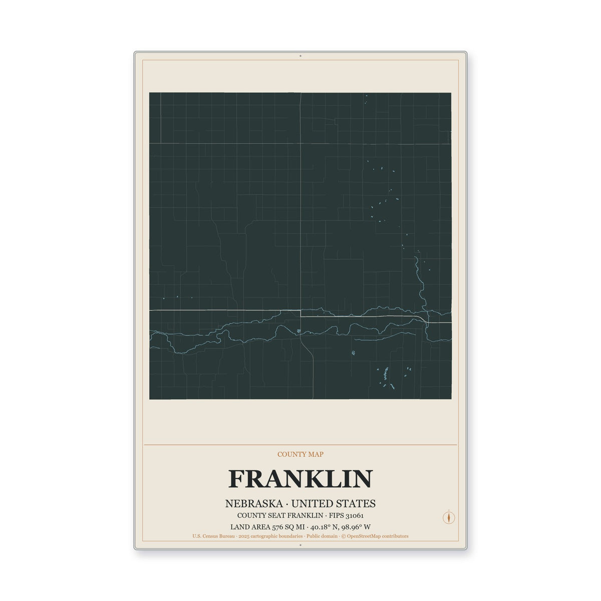 Franklin County, Nebraska Map Aluminum Sign in Headline Atlas style