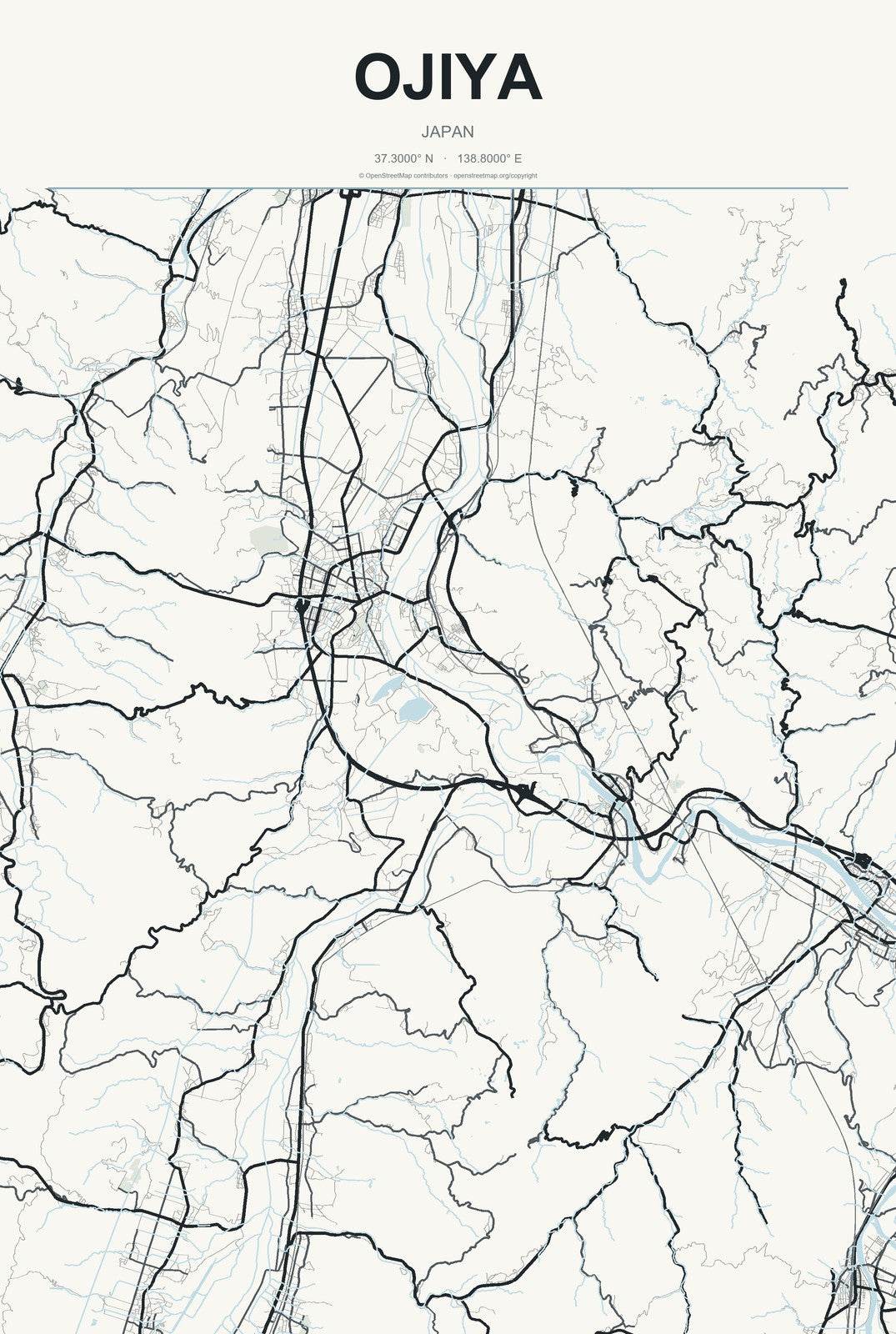 Ojiya, Japan City Map Aluminum Sign in Headline Atlas style