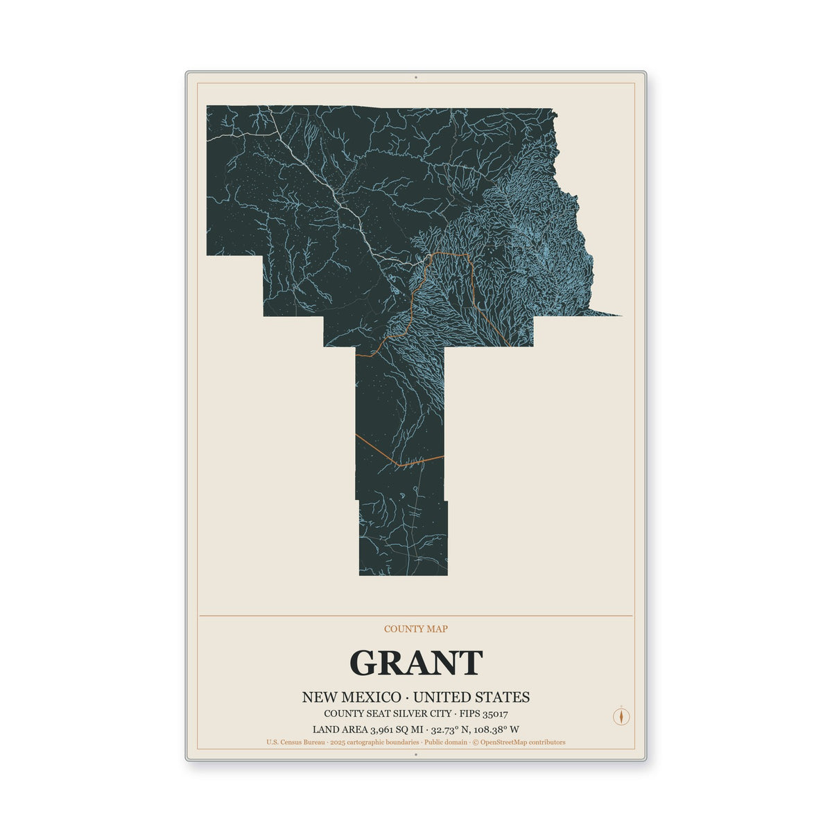 Grant County, New Mexico Map Aluminum Sign in Headline Atlas style