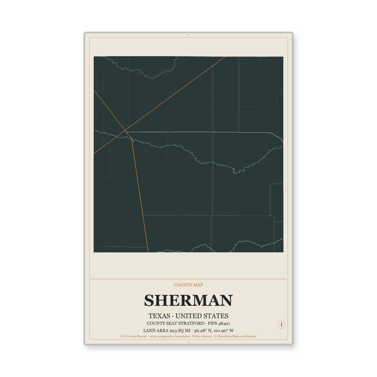 Sherman County, Texas Map Aluminum Sign in Headline Atlas style