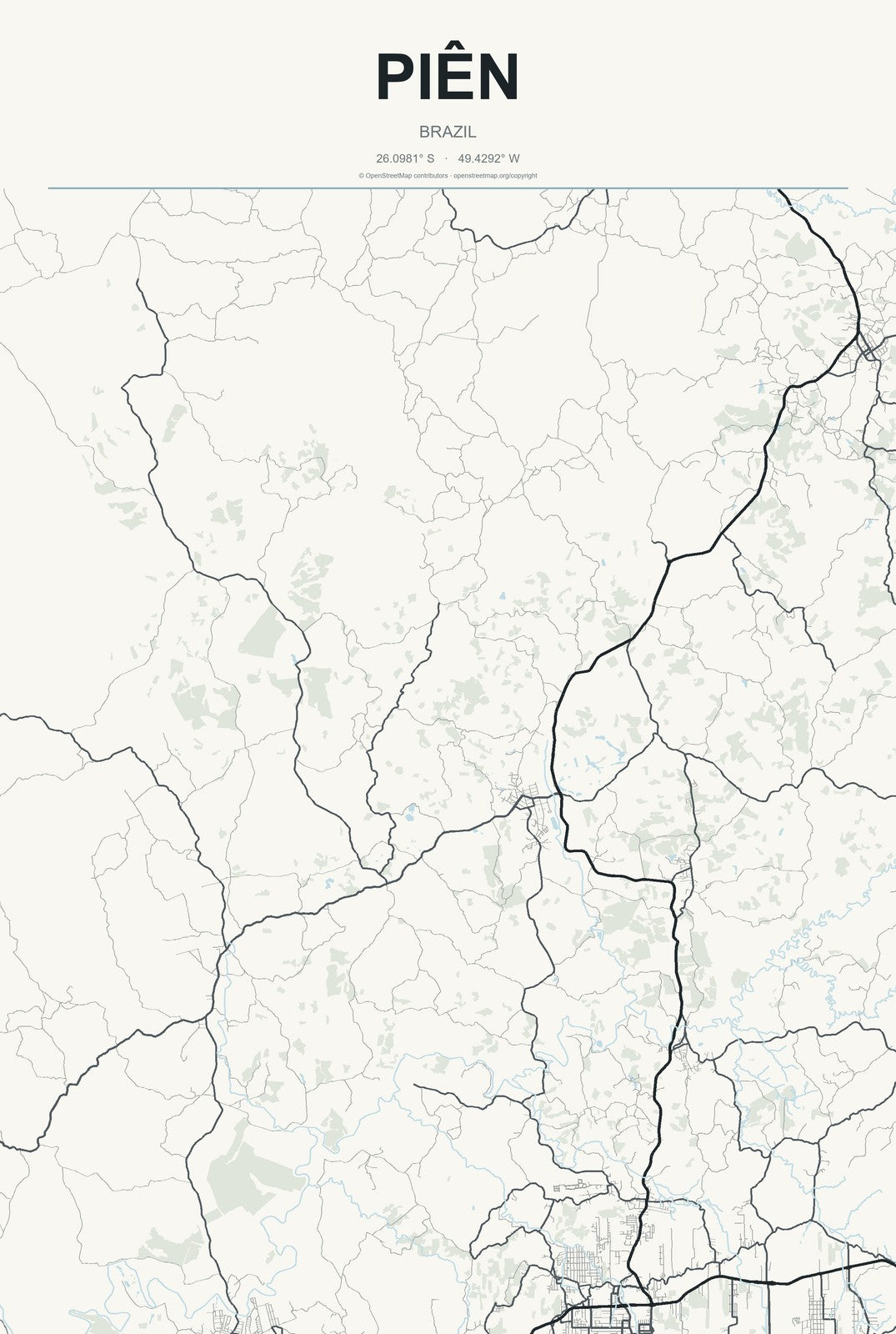 Piên, Brazil City Map Aluminum Sign in Headline Atlas style