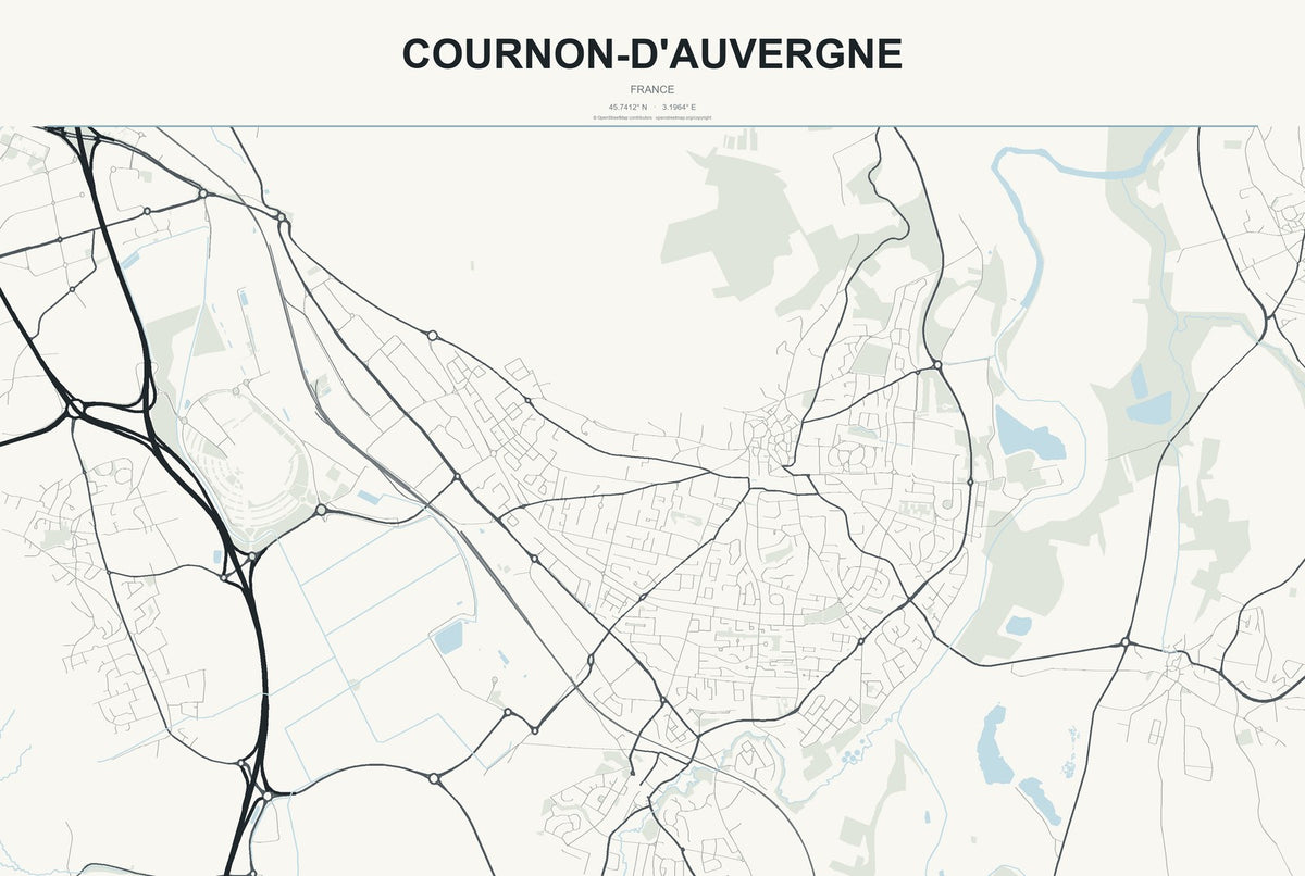 Cournon-d'Auvergne, France City Map Aluminum Sign in Headline Atlas style