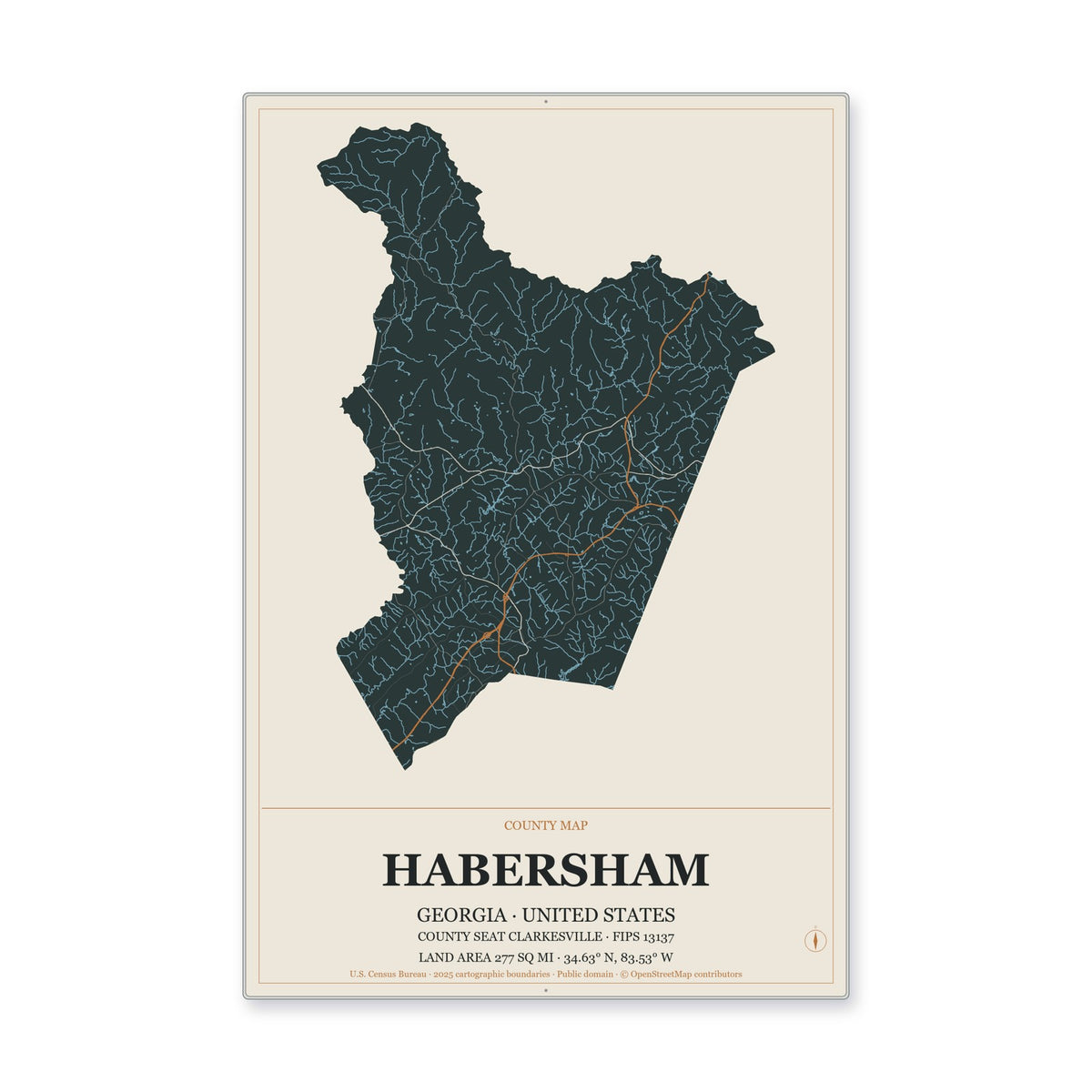 Habersham County, Georgia Map Aluminum Sign in Headline Atlas style