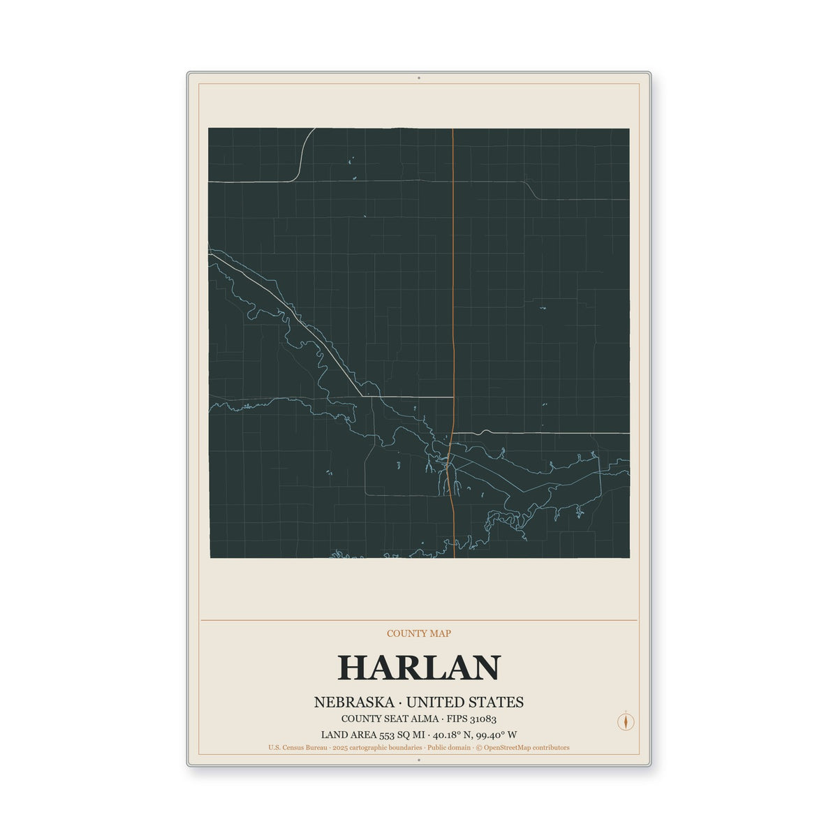 Harlan County, Nebraska Map Aluminum Sign in Headline Atlas style