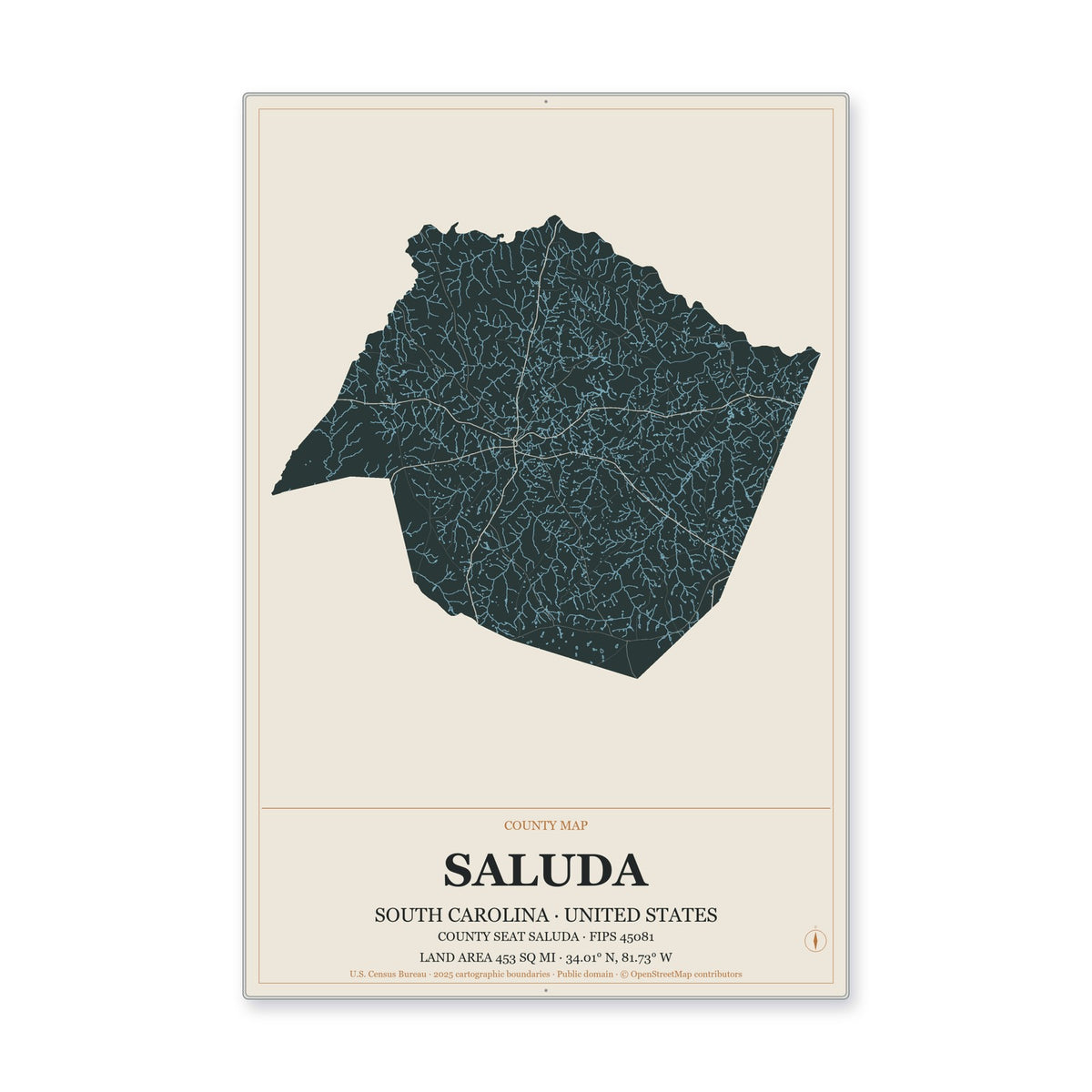 Saluda County, South Carolina Map Aluminum Sign in Headline Atlas style