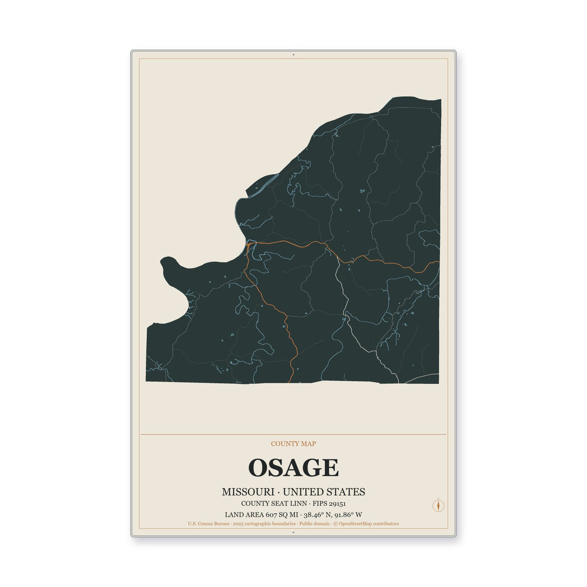 Osage County, Missouri Map Aluminum Sign in Headline Atlas style