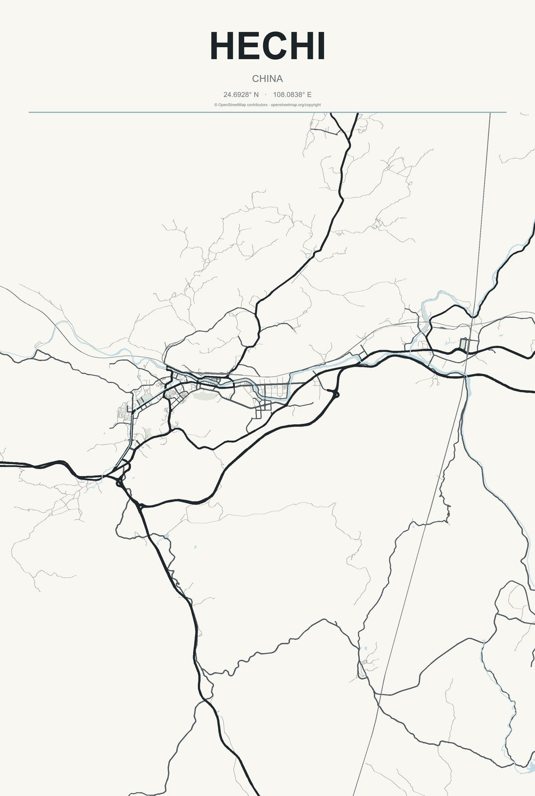 Hechi, China City Map Aluminum Sign in Headline Atlas style