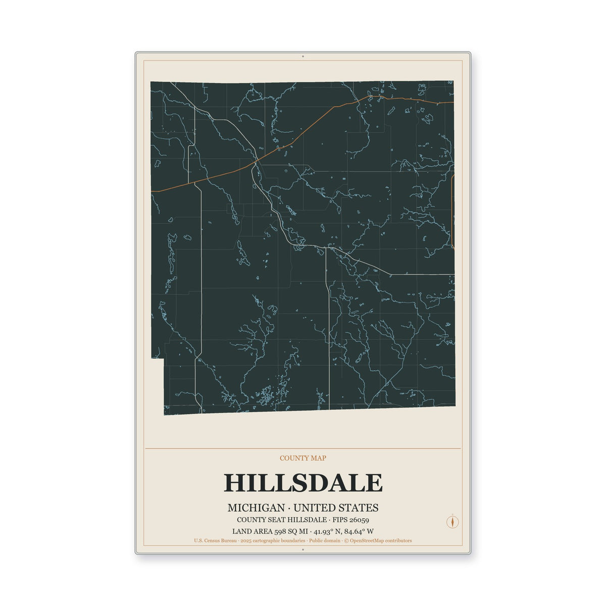 Hillsdale County, Michigan Map Aluminum Sign in Headline Atlas style