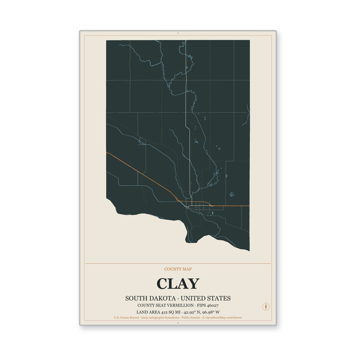 Clay County, South Dakota Map Aluminum Sign in Headline Atlas style