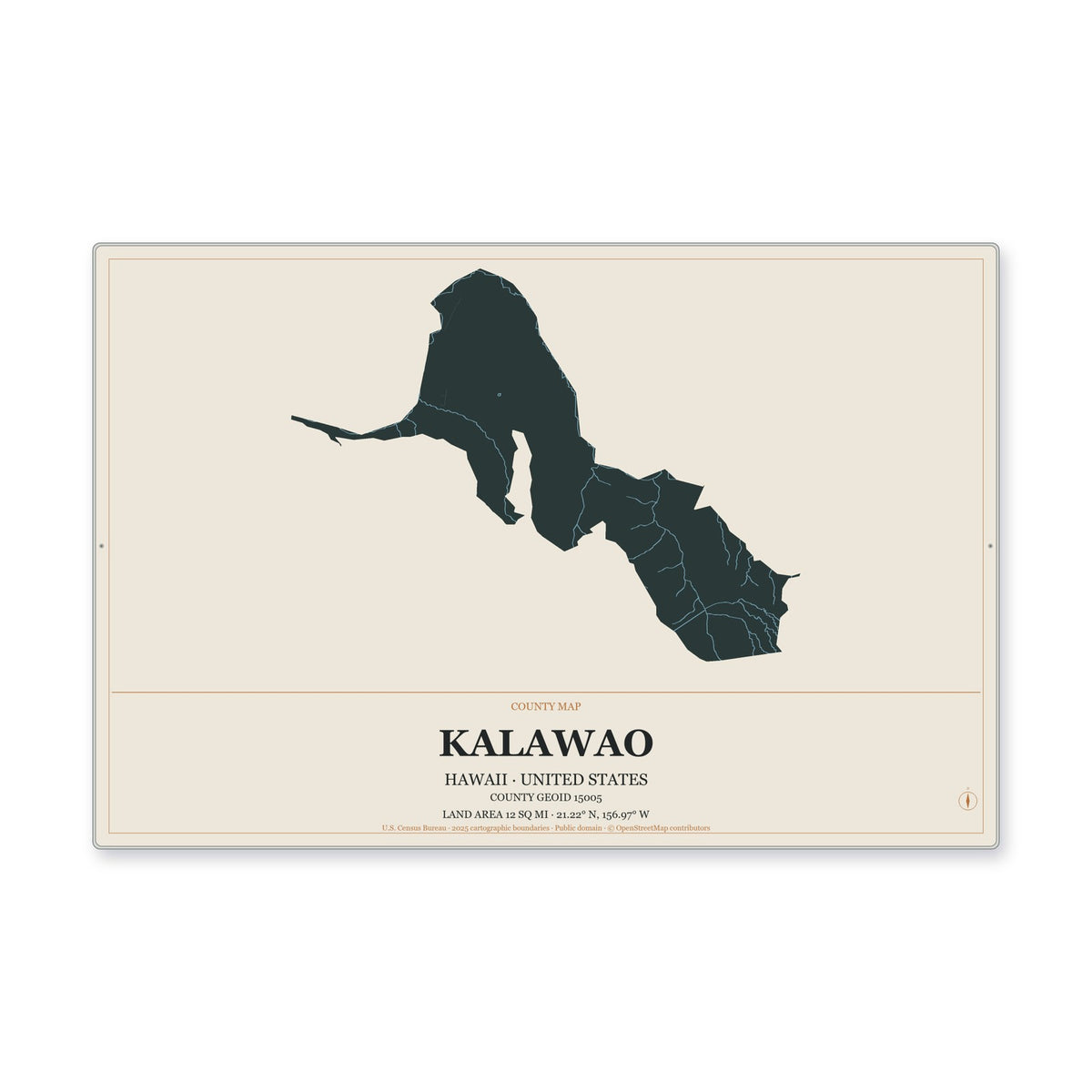 Kalawao County, Hawaii Map Aluminum Sign in Headline Atlas style