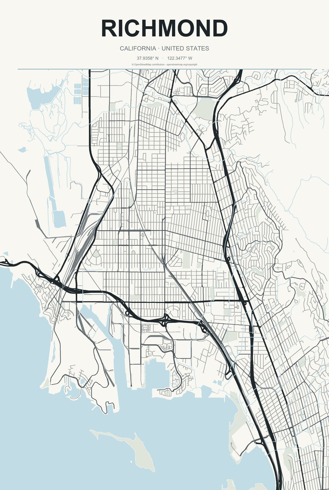 Richmond, California City Map Aluminum Sign in Headline Atlas style