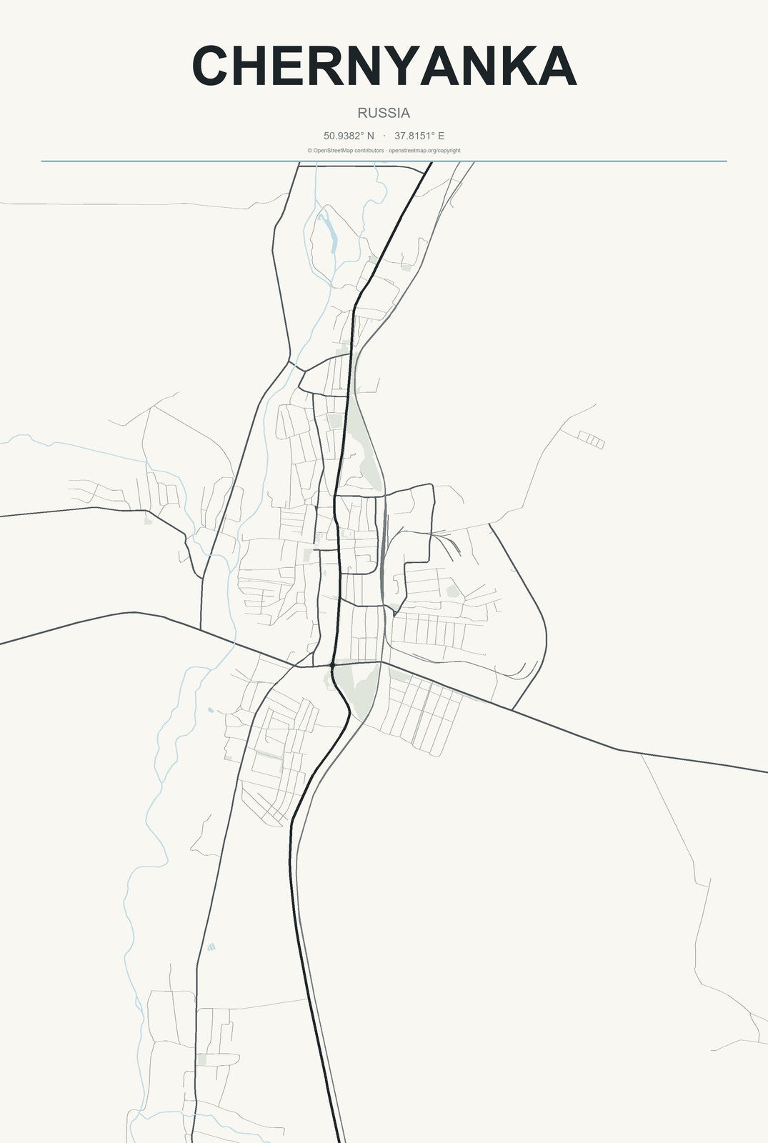 Chernyanka, Russia City Map Aluminum Sign in Headline Atlas style