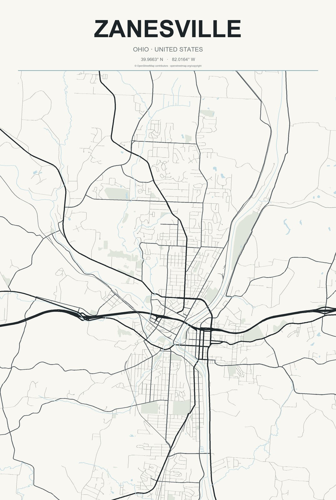 Zanesville, Ohio City Map Aluminum Sign in Headline Atlas style