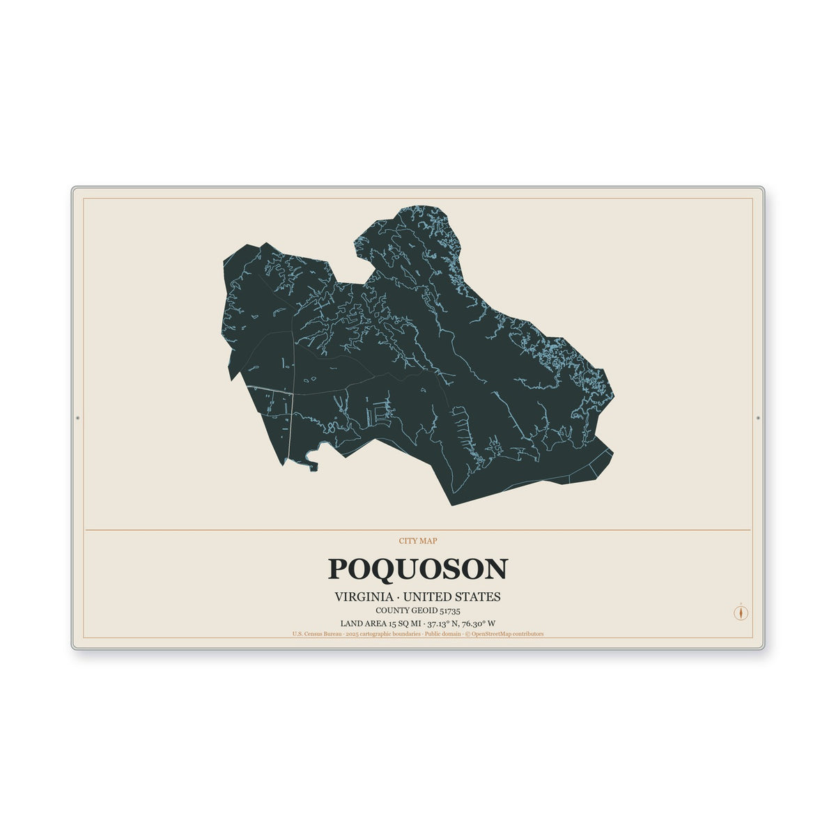 Poquoson city, Virginia Map Aluminum Sign in Headline Atlas style
