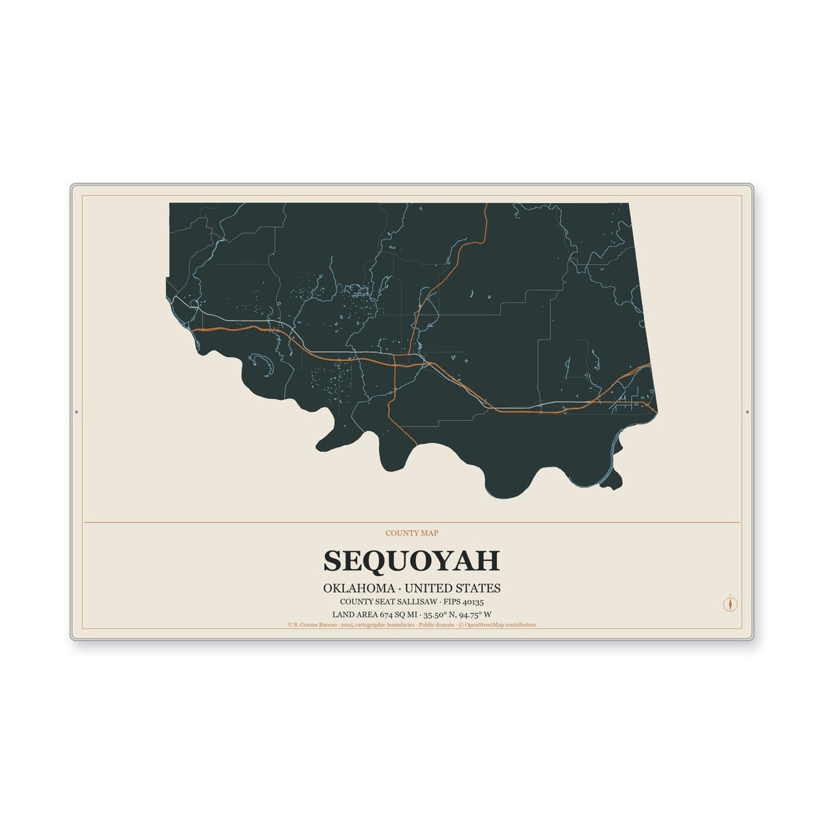 Sequoyah County, Oklahoma Map Aluminum Sign in Headline Atlas style