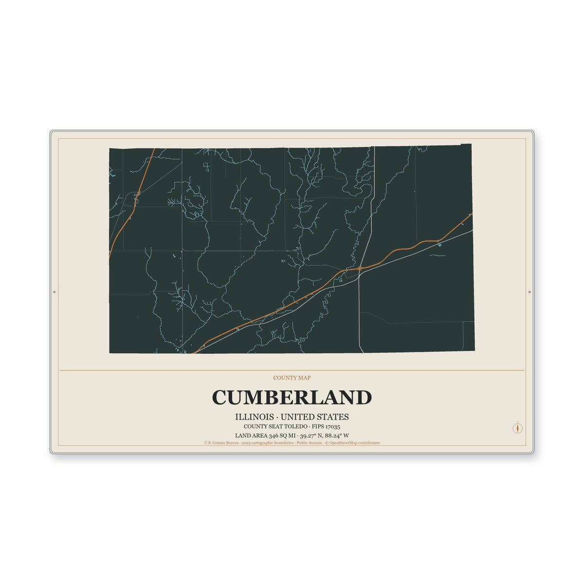 Cumberland County, Illinois Map Aluminum Sign in Headline Atlas style