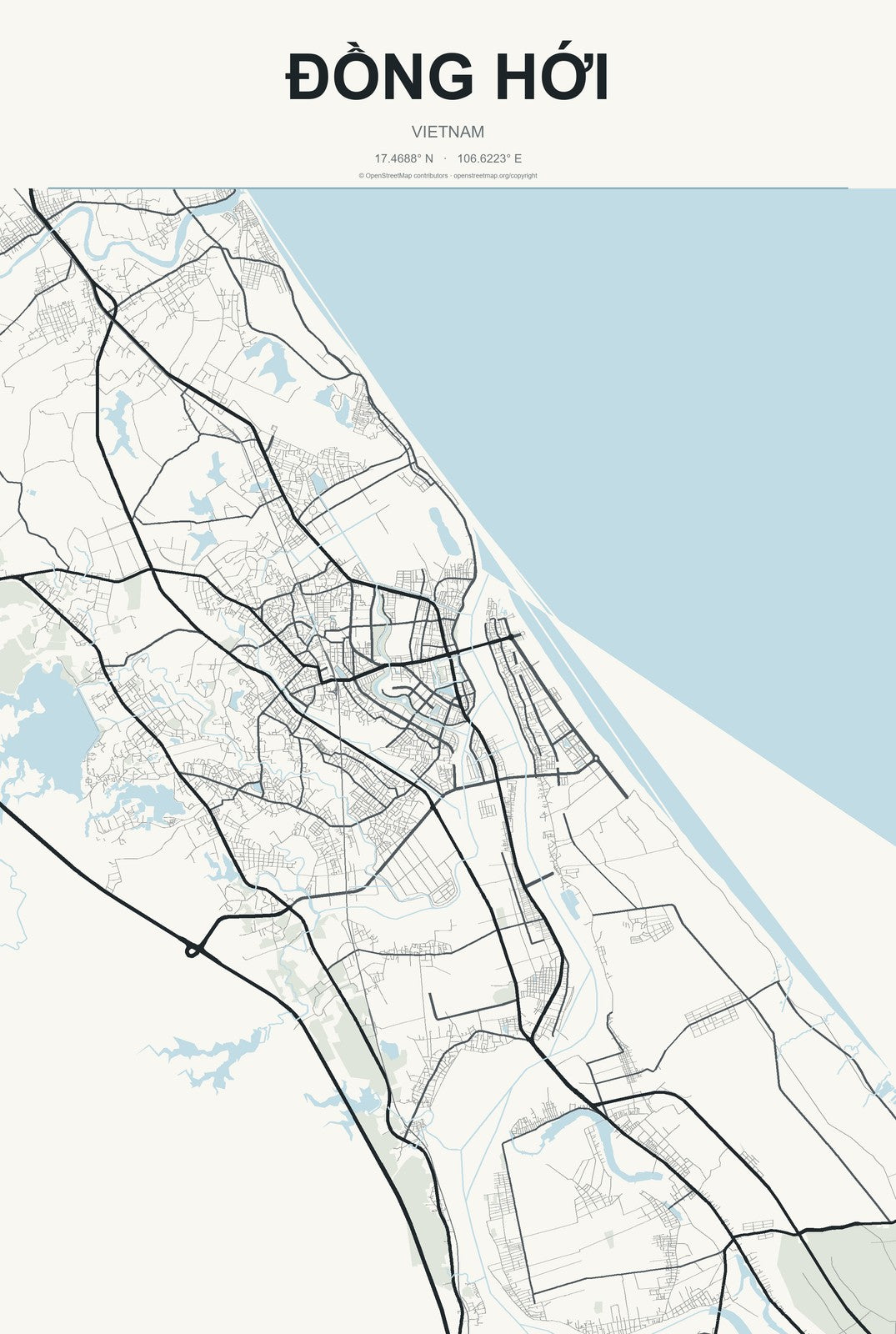 Đồng Hới, Vietnam City Map Aluminum Sign in Headline Atlas style