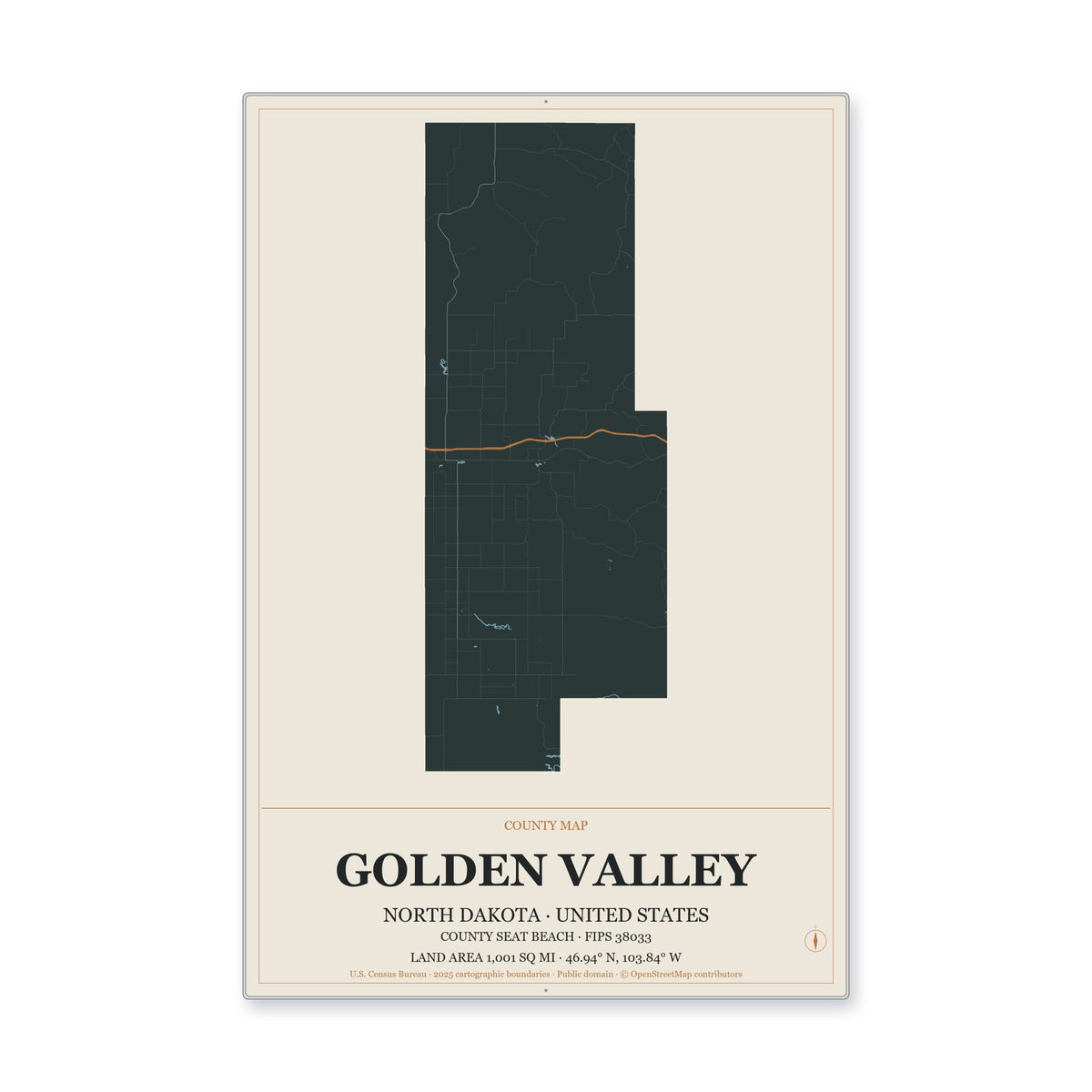 Golden Valley County, North Dakota Map Aluminum Sign in Headline Atlas style