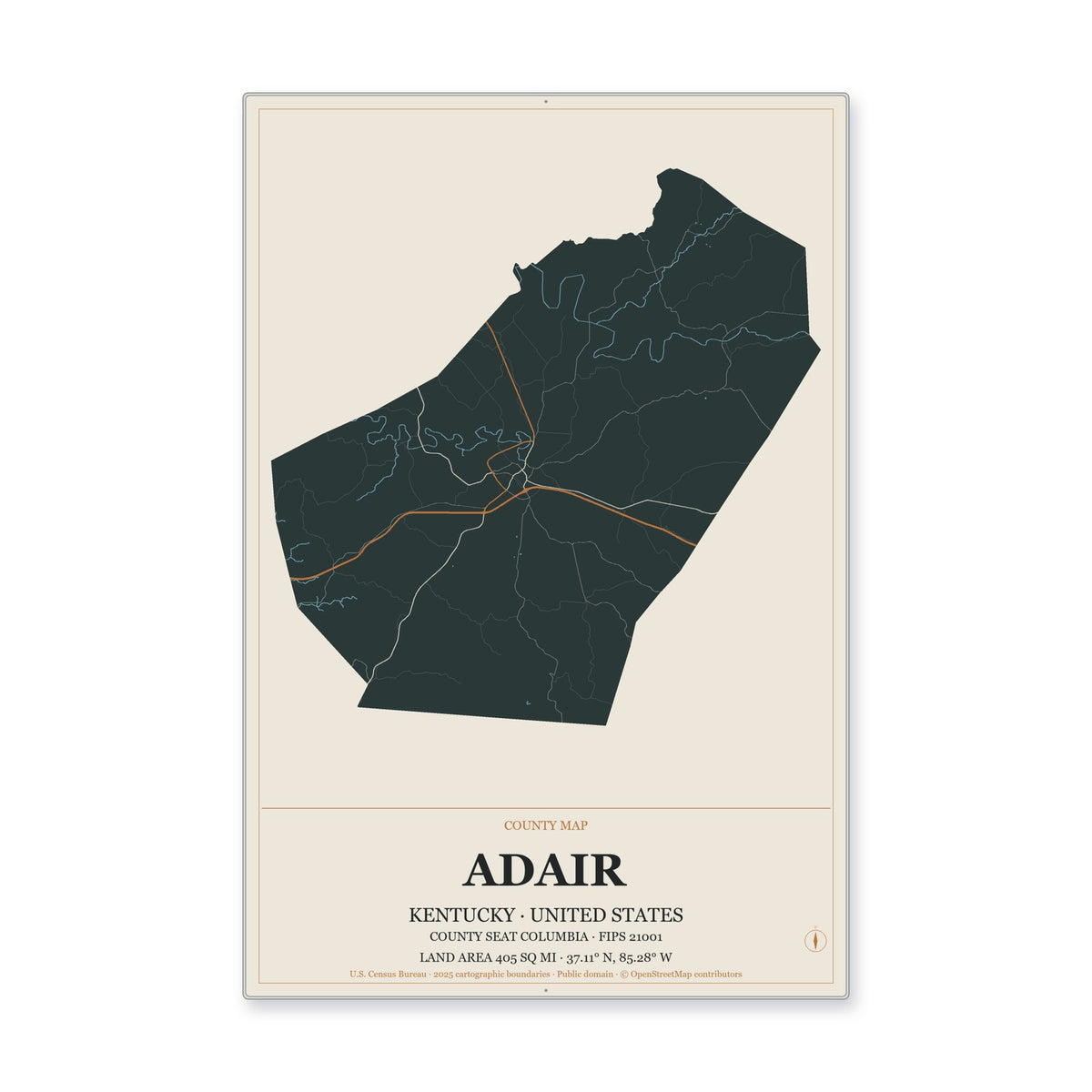 Adair County, Kentucky Map Aluminum Sign in Headline Atlas style
