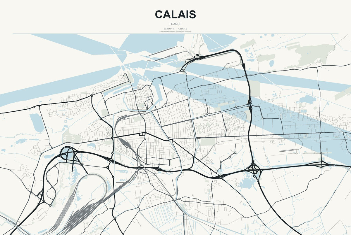 Calais, France City Map Aluminum Sign in Headline Atlas style