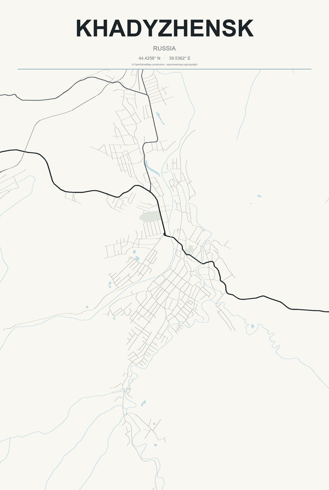 Khadyzhensk, Russia City Map Aluminum Sign in Headline Atlas style