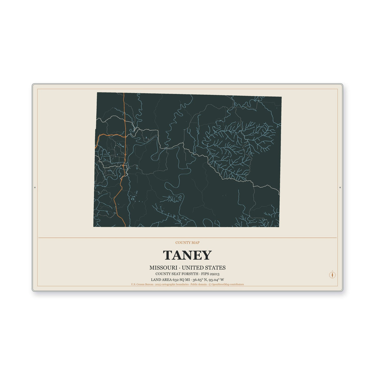 Taney County, Missouri Map Aluminum Sign in Headline Atlas style
