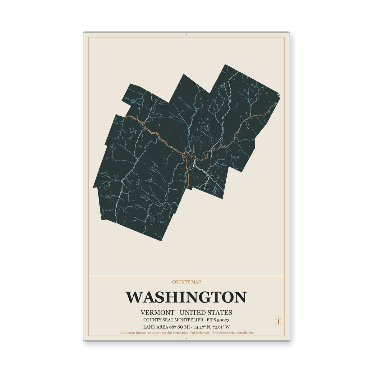 Washington County, Vermont Map Aluminum Sign in Headline Atlas style