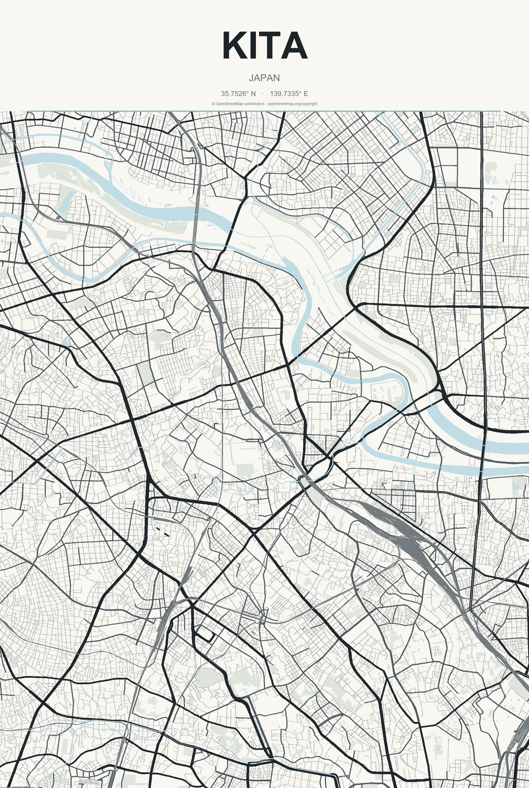Kita, Japan City Map Aluminum Sign in Headline Atlas style