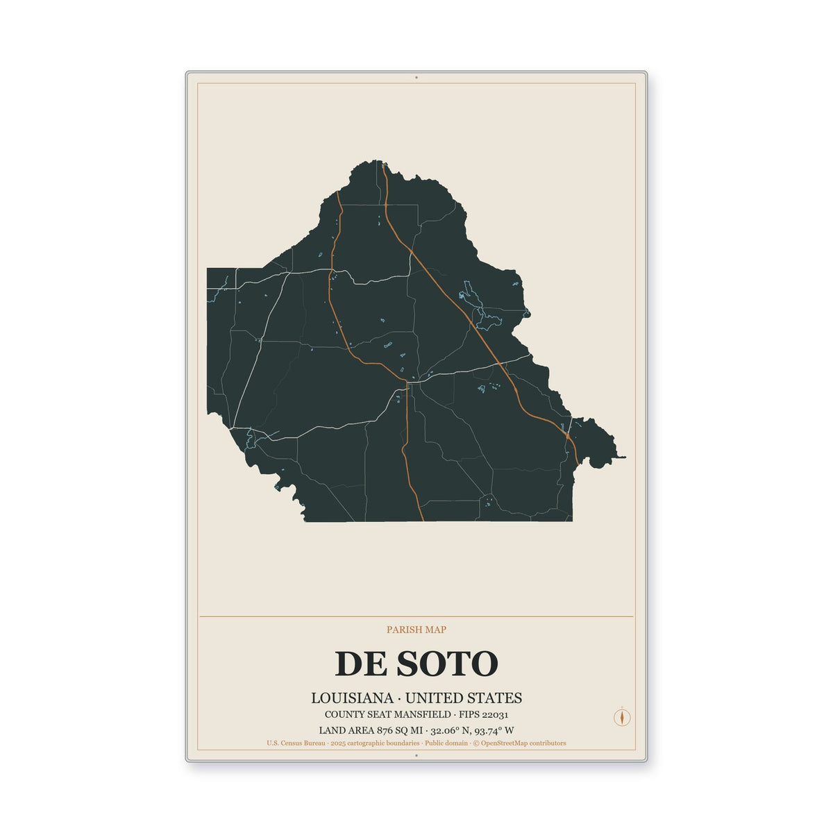 De Soto Parish, Louisiana Map Aluminum Sign in Headline Atlas style