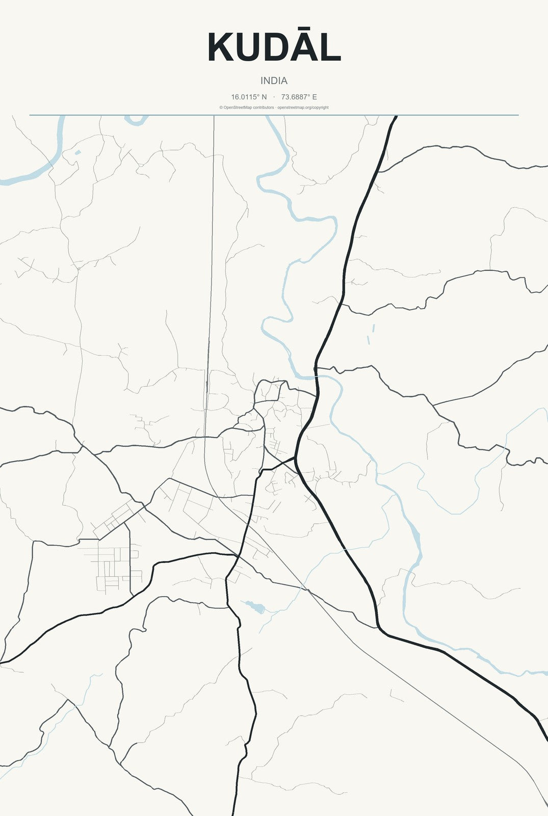 Kudāl, India City Map Aluminum Sign in Headline Atlas style