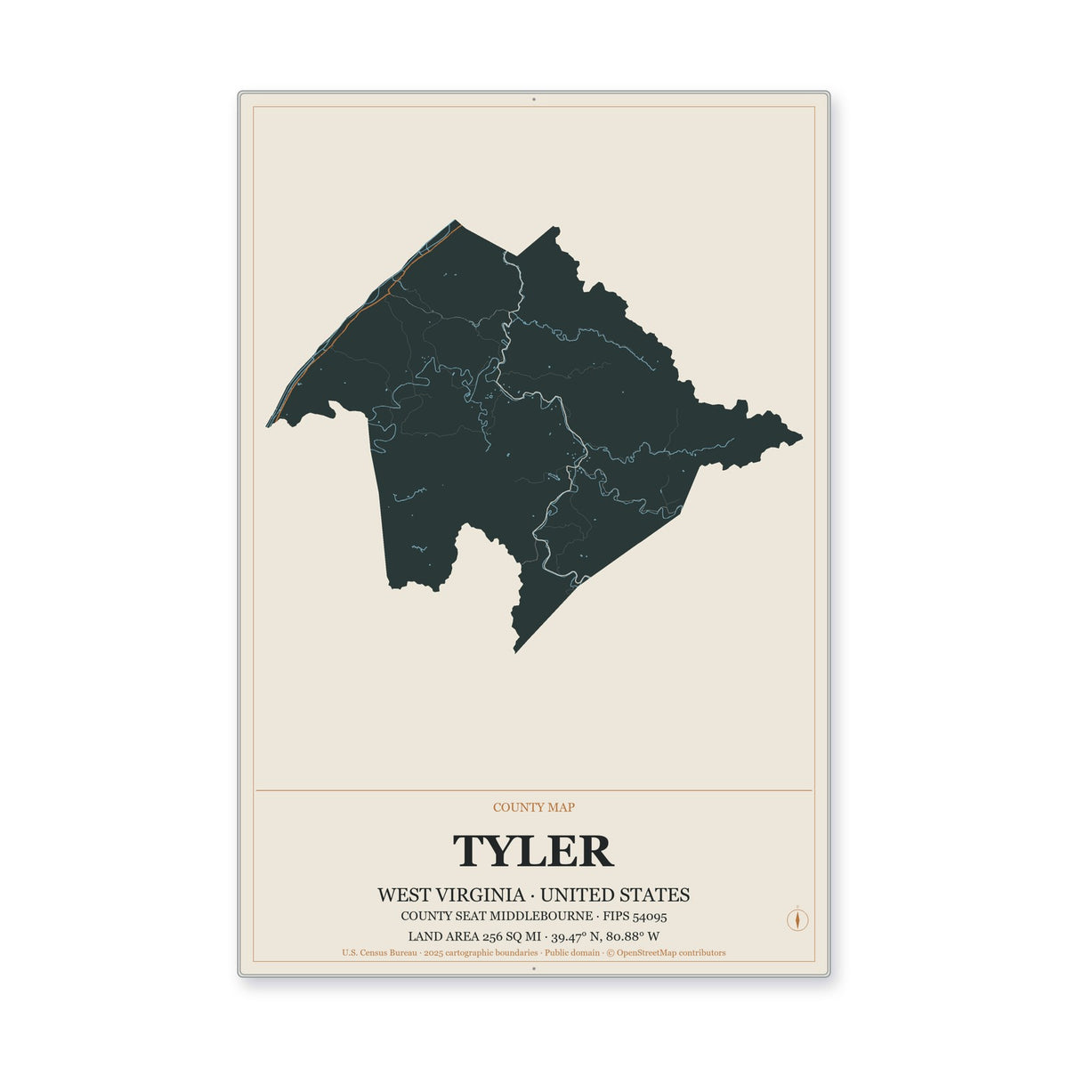 Tyler County, West Virginia Map Aluminum Sign in Headline Atlas style